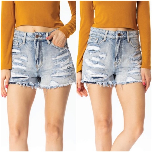 High Waist Destroyed Denim Shorts - Picture 6 of 7
